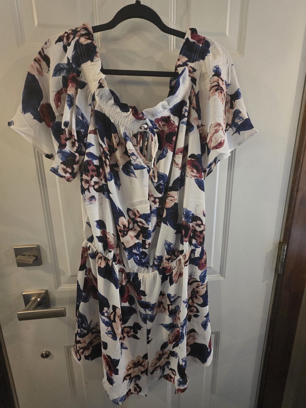 Zenobia Floral Off-Shoulder Summer Romper in White with Blue & Pink Prints
